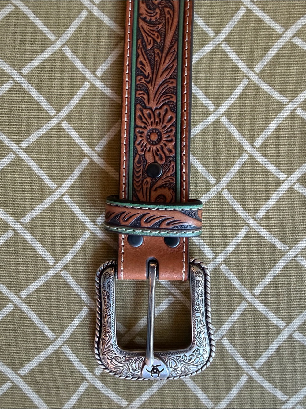 Ariat Men’s 36 Genuine Leather Tooled Western Belt Brown Turquoise